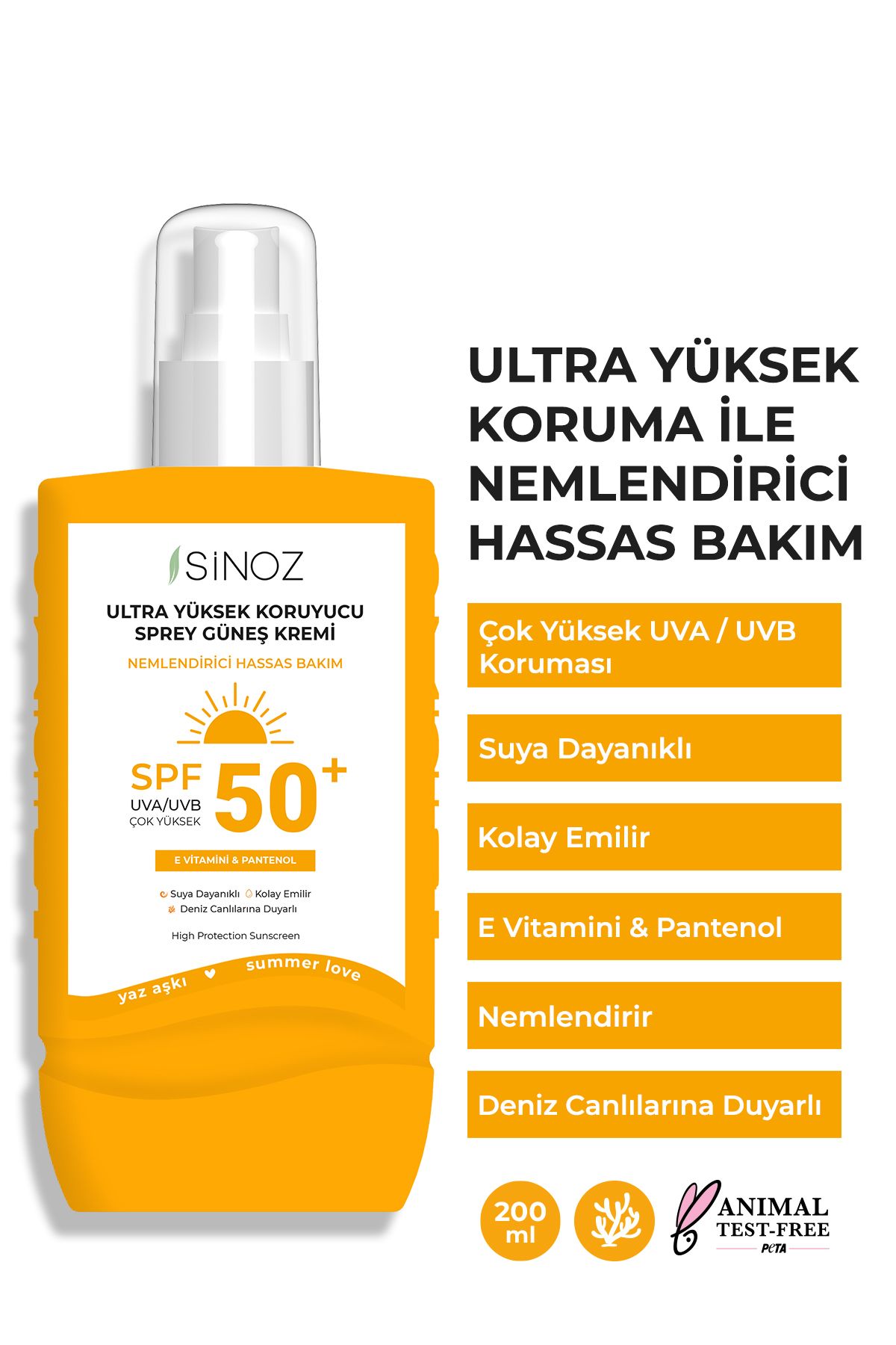 اسپری ضد آفتاب بدن SPF +50 برند Sinoz - حجم 200 ml
