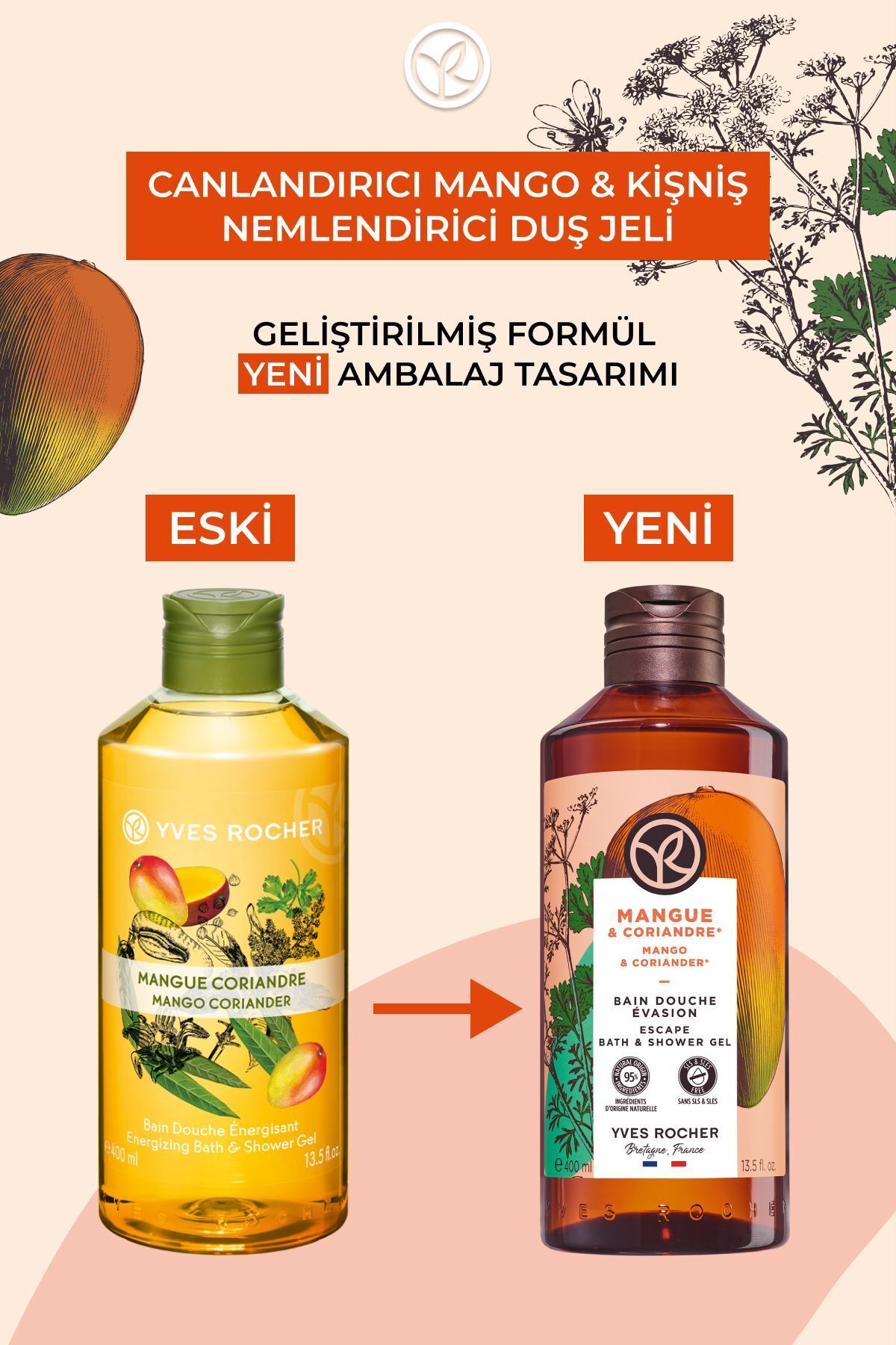 ژل دوش مرطوب کننده گشنیز و انبه ایوروشه حجم 400 ml