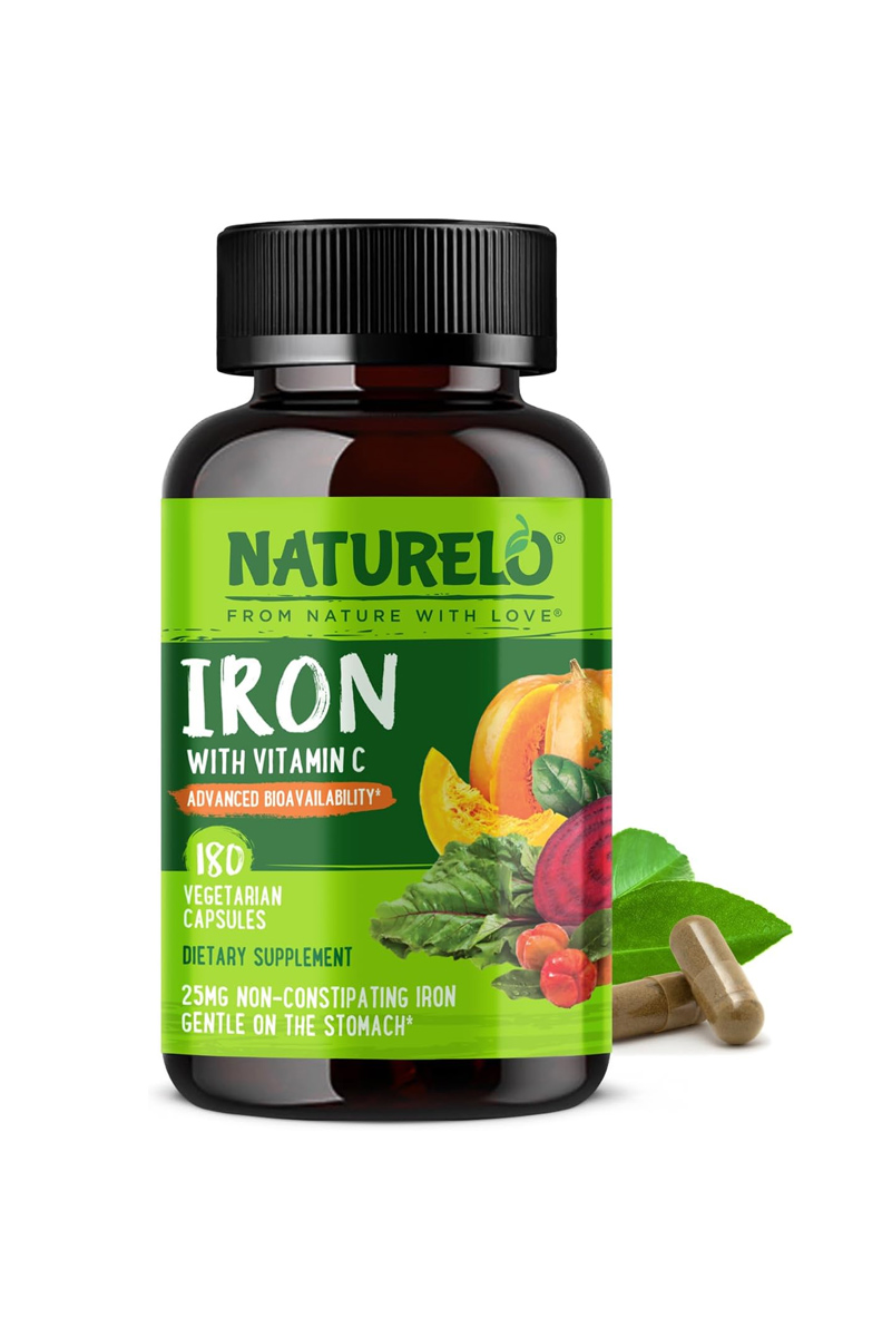کپسول گیاهی آهن حاوی ویتامین C برند NATURELO - بسته 180 عددی