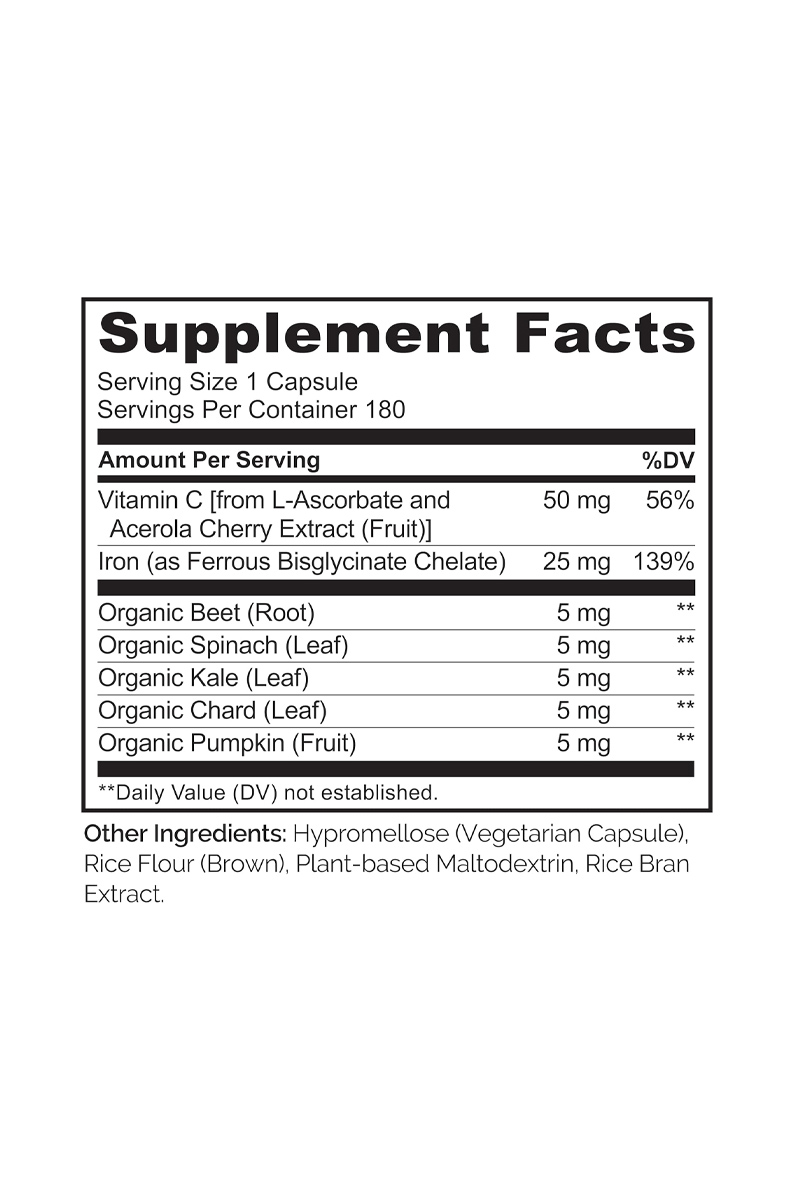 کپسول گیاهی آهن حاوی ویتامین C برند NATURELO - بسته 180 عددی
