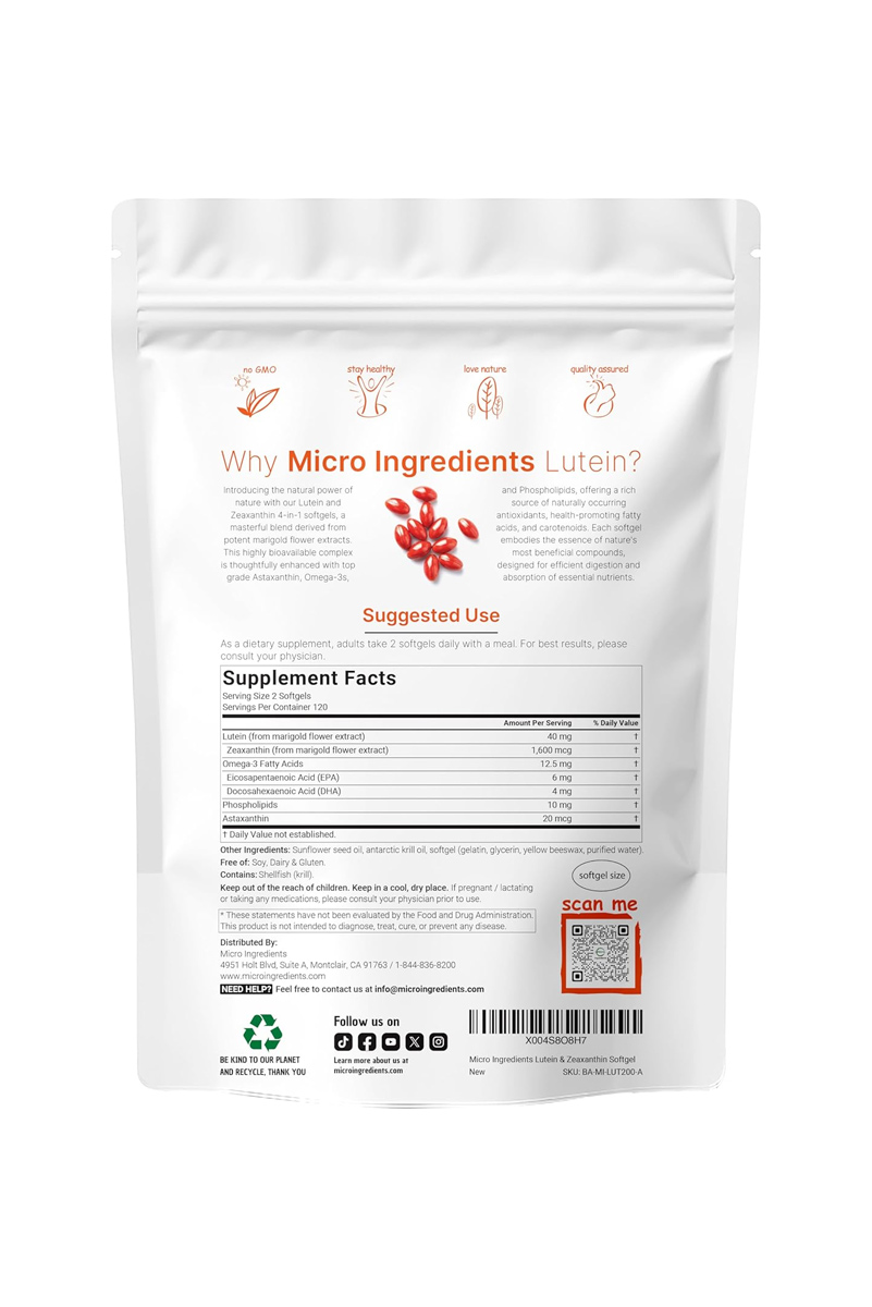 ساقت ژل لوتئین همراه زاگزاتین، آستاگزانتین و امگا۳ Micro Ingredients - بسته ۲۴۰ عددی