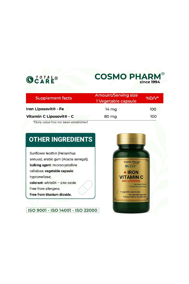کپسول آهن لیپوزوم حاوی ویتامین C برند COSMO PHARM - بسته ۹۰ عددی